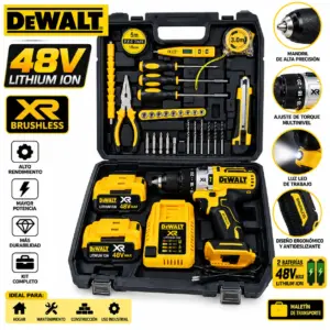 Kit de taladro inalámbrico amarillo y negro de 48V en estuche negro, incluye dos baterías, cargador, juego de brocas, destornilladores, cinta métrica y herramientas manuales.